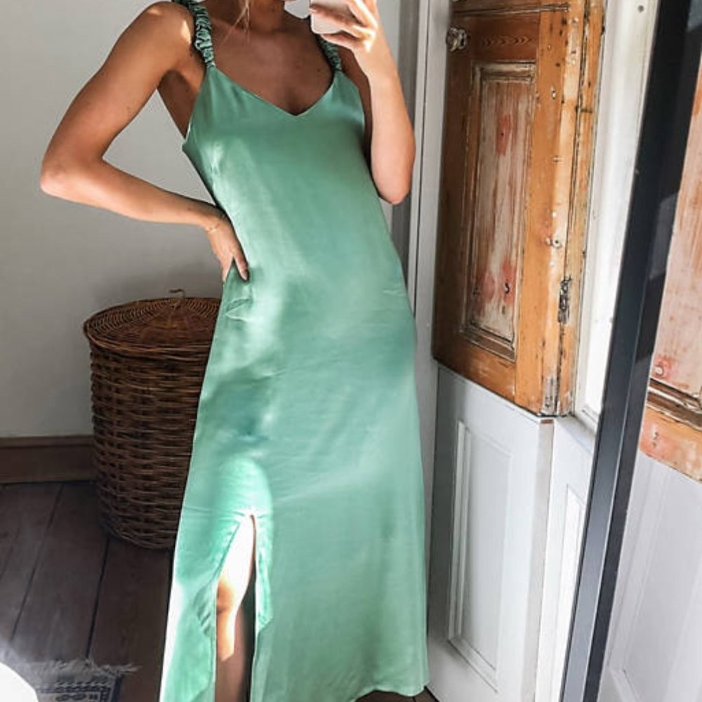 & Other Stories satin scrunch straps midi dress in green